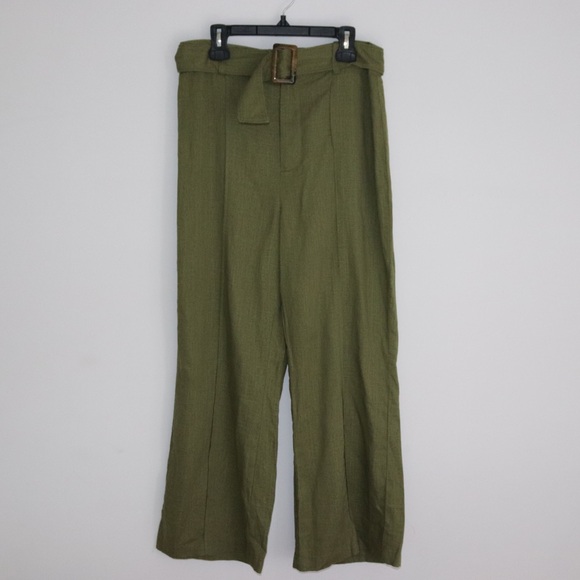 English Factory | Green Flare Belted Linen Pants Size M - Picture 2 of 9